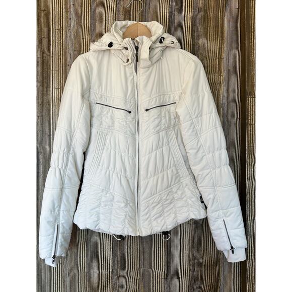 PrAna Hooded Powder Puffer Coat Jacket White Cream Gorpcore Womens Sz M Ski Snow - Picture 1 of 16